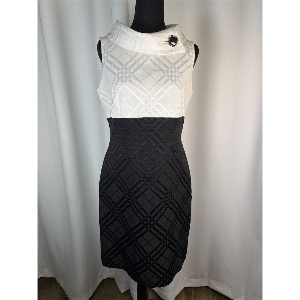 Tahari Arthur S. Levine Sheath Dress 6 Black White Geometric Sleeveless Work